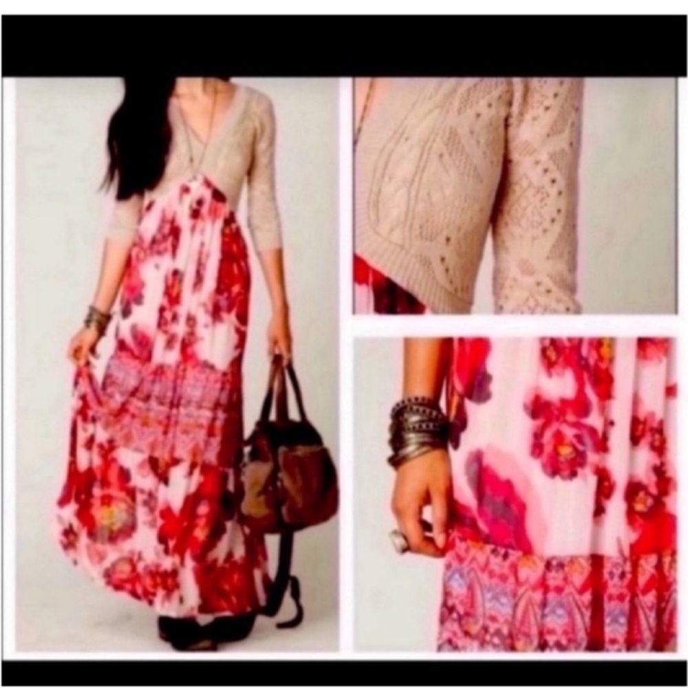 FREE PEOPLE ETHNIC BOHO RED ROSE FLORAL DRESS with attached Cardigan